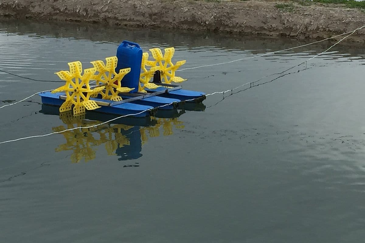 Aerador de pás amarelas sobre flutuadores azuis em um viveiro escavado de piscicultura